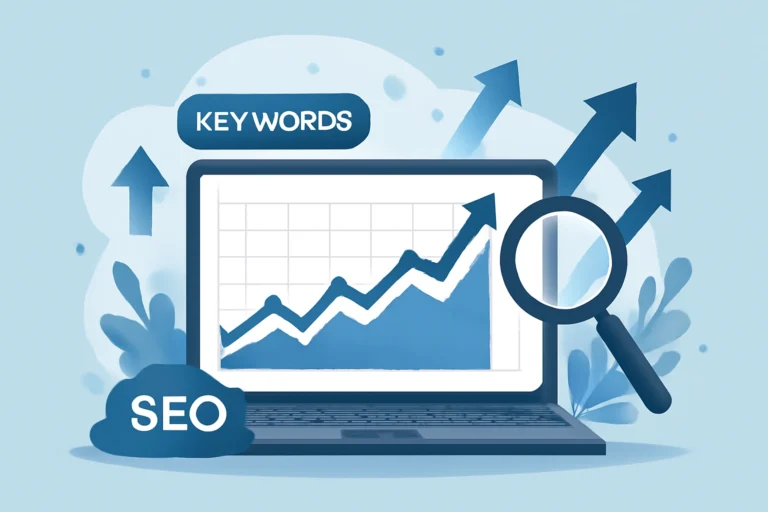 Illustration of a laptop screen displaying an upward graph, magnifying glass, and arrows, representing SEO keyword optimization and ranking growth.